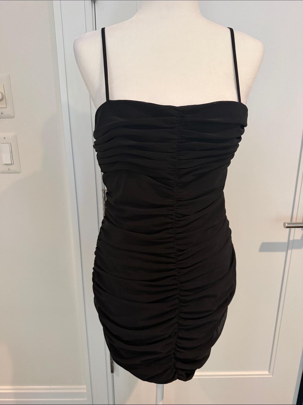 L AGENCE Black Ruched Spaghetti-Strap Mini Dress NWT Large